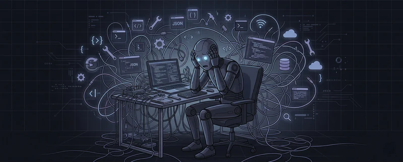 A confused robot surrounded by tangled wires and floating tool icons