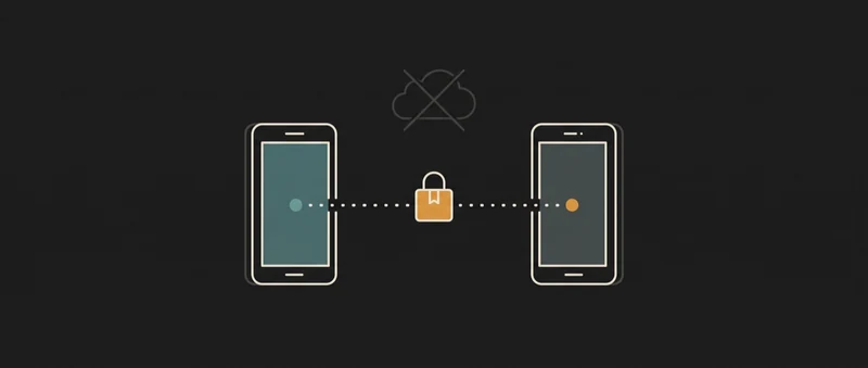 Two phones handing off encrypted data directly to each other, with no server in between